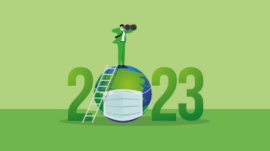 2023 yılında ESG ve yeşil iş politikası kavramı. Bir vizyon işadamı dürbün kullanır. Sıfır ağ emisyonu, karbon ayak izi, karbondioksit eşdeğeri, küresel sera gazı, dünyayı kurtarmak.