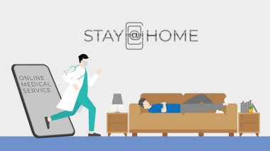 Ev hayatı konseptinde kal. Acil servis doktoru internetteki tıbbi uygulamalardan cep telefonunu çıkarırken uyku tulumu giyen adam kanepede uyuyor. Vektör İllüstrasyonu düz biçimi.