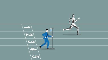 Al, insanlara karşı savaş konsepti. İş adamı ve robot yarış pistinde koşuyor. Daha hızlı bir robot, salin tıbbi serum torbasına öncülük ediyor. İş rekabeti, yarışma, dijital çağ siber teknolojisinde kariyer pozisyonu.