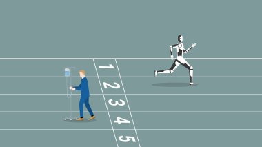 İnsan savaşına karşı yapay zeka kavramı, insan kariyerinin yerini alan sayborglar. Robotun biri yarış pistinde koşuyor, hasta işadamını kovuyor. Rekabet, yarışma, dijital çağ teknolojisinde kariyer pozisyonu.