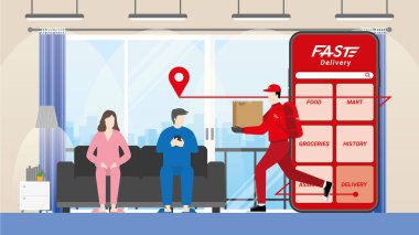 Çevrimiçi alışveriş ve hızlı teslimat kavramı. Teslimatçı ve paket kutusu hızlı teslimat ile cep telefonu uygulaması üzerinden olsun. Hedef evdeki müşteri taşımacılığı.