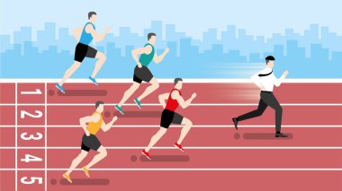 Komik bir kavram. Daha hızlı bir ofis çalışanı hipodromda koşucuları yeniyor. Metafor fikri. İşgal saatinde acele edin. Vektör illüstrasyonu düz biçim minimal tasarım.