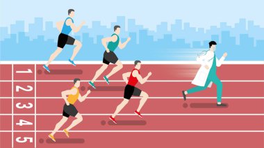 Komik bir kavram. Daha hızlı koşan doktor hipodromda koşucuları yener. Metafor fikri. İşgal saatinde acele edin. Vektör illüstrasyonu düz biçim minimal tasarım.