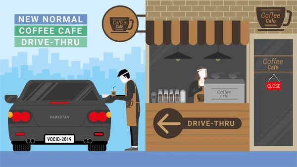New normal business model after pandemic. Consumers change behavior. Coffee shop is close. Changing to coffee cafe kiosk for drive-thru service. Lower fixed costs and survive in Marketing disruption.