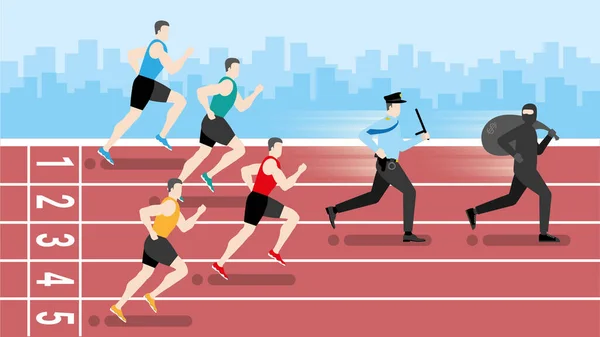 Conceito Engraçado Policial Ladrão Correndo Mais Rápido Que Corredores Atleta — Vetor de Stock