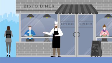 Bistro restoranının önünde. Küçük işletme sahibi. Önlük takan sakallı adam dükkanın önünde duruyor ve hoş geldin demek için kaldırım tabelamız açık. Modern & asgari tasarım cephesi.