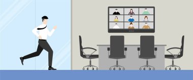 Acil yaşam tarzı konsepti. Ofisteki adam internetteki video konferans toplantısına gidiyor. Profesyonel işgal zamanında yetişmek için iş çıkış saatinde acele edin. Banner illüstrasyon düz biçim minimal tasarım.