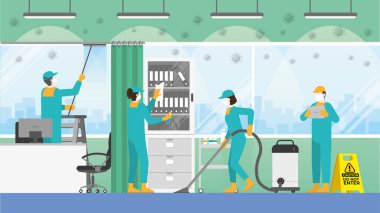 Rutin temizlik ekibi, hastanedeki doktorun ofisinde. COVID-19 Coronavirüs salgınını ve pis kovanları korumak için profesyonel müfettişlik hizmetini temizleyin.. 