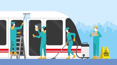 Temizlik ekibi tren istasyonunda. COVID-19 Coronavirus salgınını ve kirlileri korumak için profesyonel müfettişi kontrol edin. Karantinadan sonra toplu taşımanın yeniden açılması.