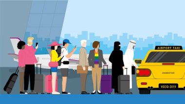 Çeşitlilik konsepti. Uluslararası havaalanında taksi kuyruğunda bekleyen insanlar. Cep telefonu kullanan çeşitli Müslüman, LGBT, Asyalı ve Irklar Arası.