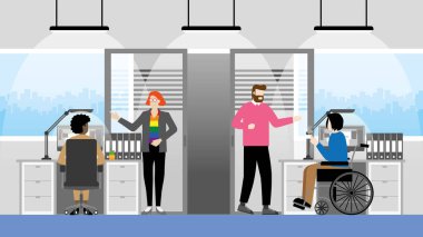 Ofis işyerinde konuşan insanların çok kültürlü yetenekleri. LGBT, transseksüel, eşcinsel, siyahi, engelli, milliyetçi, türler. Birlikte çalışma ve Eşitlik kavramı.