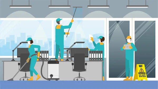 Günlük rutin iş konsepti. Temizlik ekibi çalışma odasında. İş yerindeki kirli ve virüsü korumak için profesyonel servisi temizleyin ve denetleyin. İş saatlerini yeniden açtıktan sonra.