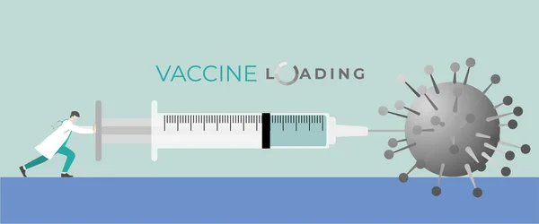 医学的概念 医師は 非常に大きな注射器によってCovid 19コロナウイルスにワクチンを注入します 人類の医療に関する予防 治療のためにワクチンを搭載しようとします — ストックベクタ