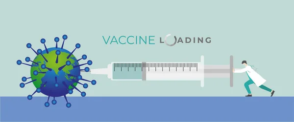 医学的概念 医者は非常に大きい注射器によってCovid 19コロナウイルスを感染させる世界にワクチンを注入する 人類の医療を治し治療するためにワクチンを — ストックベクタ