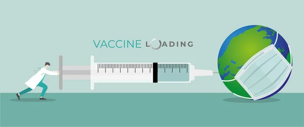 医学的概念 医者は非常に大きい注射器によって感染し 病気のマスクを身に着けている世界にワクチンを注入する 予防のためにワクチンを装填してみてください 人類の医療を治し治療することです — ストックベクタ