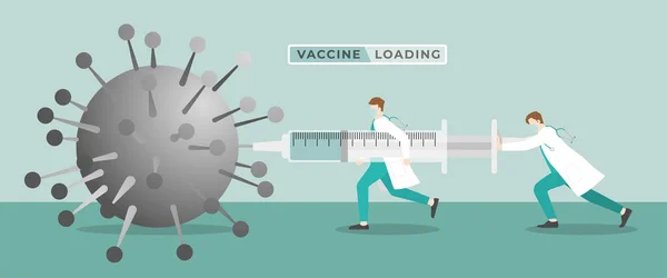 医学的概念 2人の医師が大きな注射器でCovid 19コロナウイルスにワクチンを注射する 予防接種 治療のためのワクチンをロードしようとし 世界を癒す — ストックベクタ