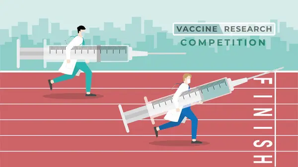 医学的概念 ワクチン研究の競争 医師は 最初にワクチンを得るためにフィニッシュラインに到達するために 他の医師とレーストラックで実行される大きな注射器を運びます 国際医学会 — ストックベクタ