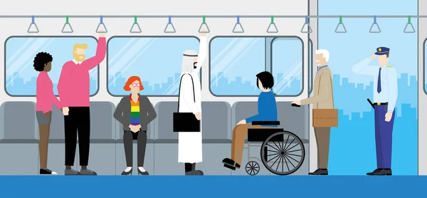 Různorodí Lidé Stojí Uvnitř Vlaku Stanici Veřejné Dopravy Zdraví Vás — Stockový vektor