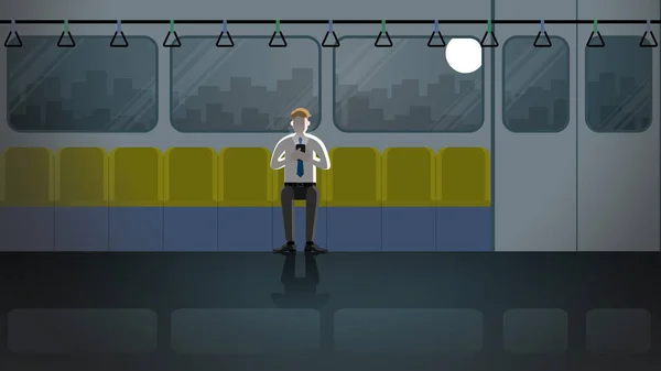 Office Man Use Smart Phone Public Transportation Alone Dark Light — Stock Vector