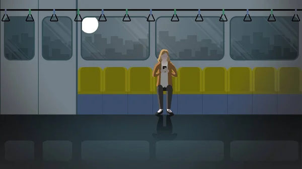 Woman Using Mobile Phone Sitting Last Train Public Transportation Alone — Stock Vector