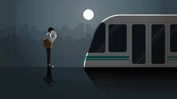 ロンリーオフィスマンの最初の仕事は 暗闇と満月の光の中で夜だけ最後の列車のための公共交通機関の駅で待っているスマートフォンを使用しています 残業と過労の仕事の都市生活 — ストックベクタ