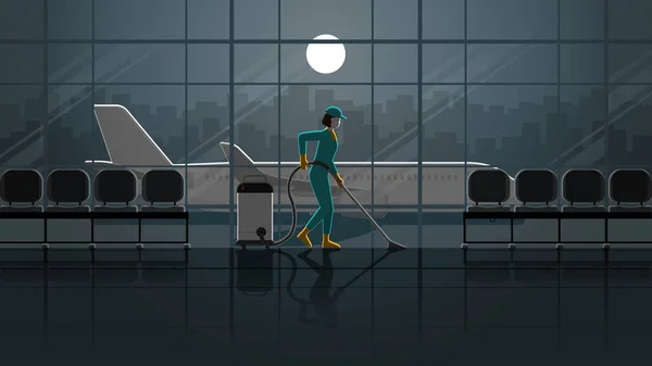 夜間空港ターミナルで働く女性清掃員サービス 暗い満月の光の中で一人で 残業や過労の仕事のライフスタイル アイデアイラストのコンセプトベクトルのアイデア — ストックベクタ
