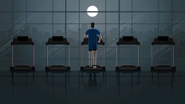 Back View Man Running Treadmill Empty Fitness Center Night Alone — Stock Vector