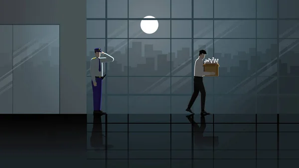 Stock vector Layoff unemployed and fired business people leaving from his office building with his stuff box at night in dark and full moon light. Goodbye salute security officer. Economics crisis sadness scene.