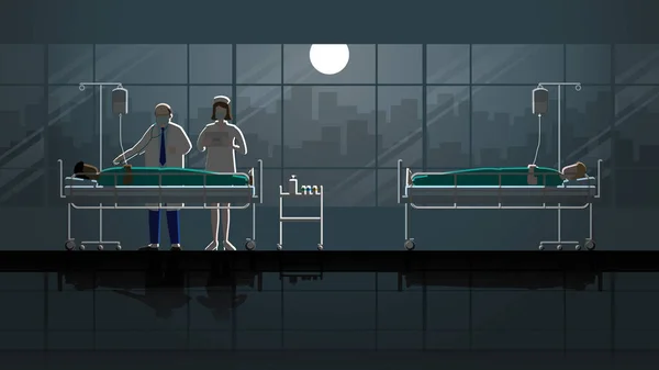 资深医生和护士希望通过工作检查病人在医院的床上睡觉 在黑暗和满月的光芒下 工作的职业生活方式 努力加班加班 意念医学概念场景 — 图库矢量图片