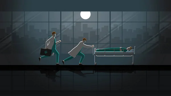 Enthousiast Concept Twee Dokters Rennen Duwen Zieke Patiënten Nachts Bed — Stockvector