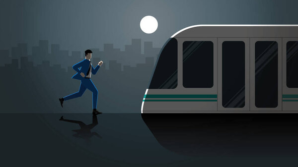 Hurry up concept of Businessman run for last train in public transportation station at dark night and full moon light. City lifestyle of work hard overtime and overwork occupation. Vector illustration
