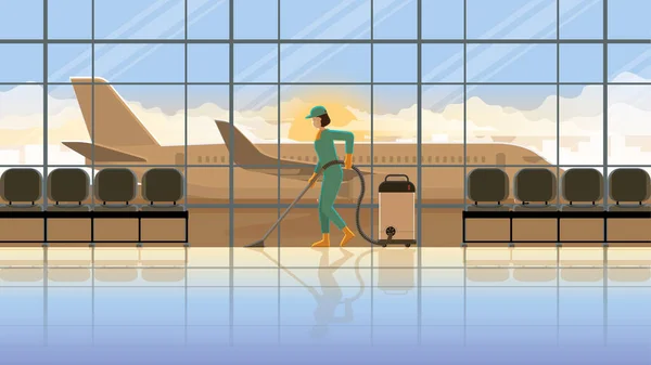 早朝の日の出のターミナルで国際空港で働く女性清掃員のベクトル 再オープン前の職業生活プロのメンテナンスサービス営業時間飛行旅行 — ストックベクタ