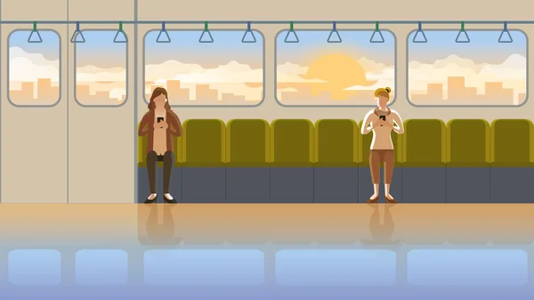 早朝の日の出に電車の公共交通機関でLgbtの女性の最初の光景の概念で愛 町の従業員の日常生活 オレンジの光のロマンチックなシーン — ストックベクタ