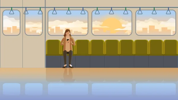 上班时使用智能手机的工薪妇女 黎明时分 在第一班火车上独自乘坐公共交通工具 人们每天例行公事的城市生活勤劳刻苦 — 图库矢量图片