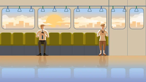 早朝の日の出に電車の公共交通機関で男と女の間の最初の光景で愛 ロマンチックなシーンのオレンジ色の光を持つ町の従業員の日常的な都市生活 — ストックベクタ