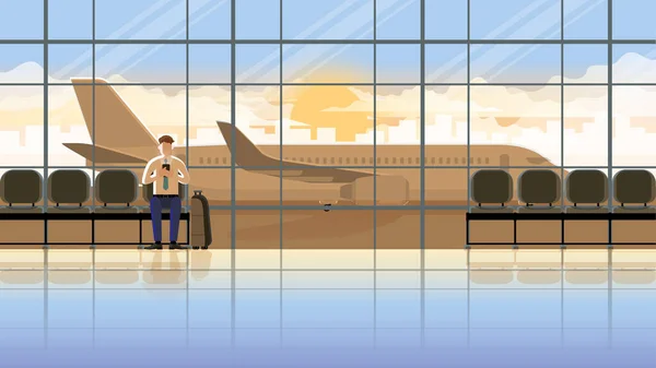 员工工资人员使用智能手机在候机楼登机门等候飞机公务旅行 黎明时分独自在国际机场 按时负责的生活方式 — 图库矢量图片