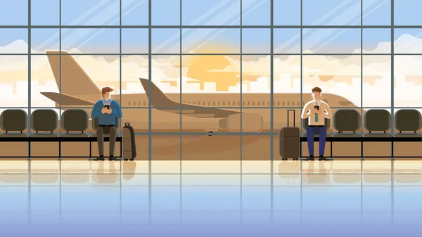 一见钟情的男女同性恋 双性恋和变性者概念 在国际机场候机楼用智能手机在黎明时分等待飞行 有飞机跑道背景的浪漫场景 — 图库矢量图片