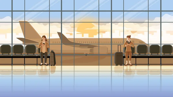 女性の間のLgbtの一見の概念で愛 国際空港ターミナルでスマートフォンを使う 早朝の日の出に飛行機を待っています 飛行機滑走路の背景を持つロマンチックなシーン — ストックベクタ