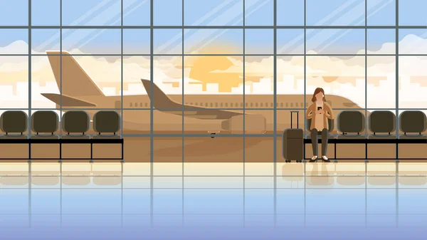 Akıllı Telefon Kullanan Yalnız Bir Kadın Uçak Yolculuğu Için Terminalin — Stok Vektör