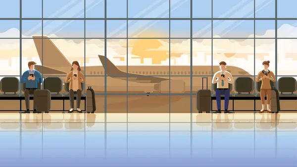 飛行機の滑走路を背景にした国際空港ターミナルでの飛行機の出張を待っているスマートフォンを使用している人々のグループ 早朝の日の出の街のライフスタイル — ストックベクタ