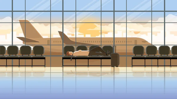 清晨日出时分 过度劳累的办公室人员躺在国际机场候机楼的座位上睡觉 因公旅行而精疲力竭的人 城市的生活方式努力工作 使人精疲力竭 — 图库矢量图片