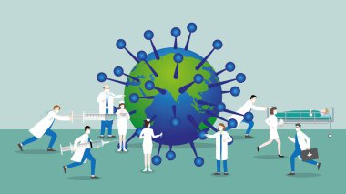 Doktor ve hemşirelerden oluşan tıbbi ekip çalışması salgın virüslü dünyayla savaşmak için çok çalışıyor. Önleme, araştırma, aşılama, aşı şırıngası, koruma hastası, dünyayı iyileştirme kavramı