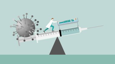 Tıbbi konsept. Doktor aşı şırıngasını hastayla virüs arasında tahterevallide dengede tutuyor. Virüs salgınıyla savaşın. İnsanlığı Koruma, Önleme, Dokunulmazlık, Enfeksiyon Kontrolü.