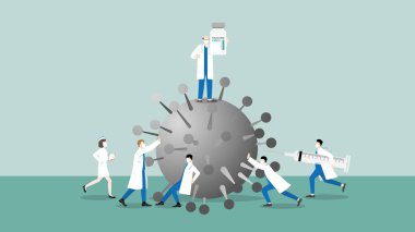 Aşı tamamen geliştirildi. Doktor ve hemşireden oluşan tıbbi ekip çalışması, COVID-19 Coronavirus salgınına karşı savaşmak için işbirliği yapıyor. Kıdemli doktor başarıyı canlandırıyor. Aşı şişesini kaldırın..