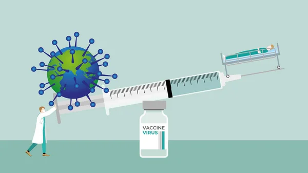 医療ケースの概念 医師はウイルスのワクチン瓶に注射器のバランスを保ち 調査中の患者を感染させた ウイルスのパンデミック 予防接種 人類の感染制御を防ぐ — ストックベクタ