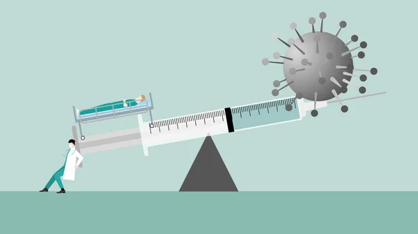 医学的概念 ワクチン注射器のバランスを保つ医師は ウイルスと患者の間に見られる ウイルスの流行と戦う 免疫化 人類の感染制御 — ストックベクタ
