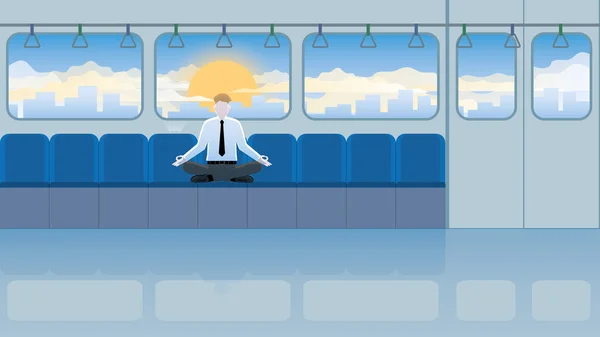 心灵平静的概念 沉思的商人盘腿坐在火车上的一个座位上 在繁忙的工作时间后 减轻压力 知道呼吸和放松时间 — 图库矢量图片