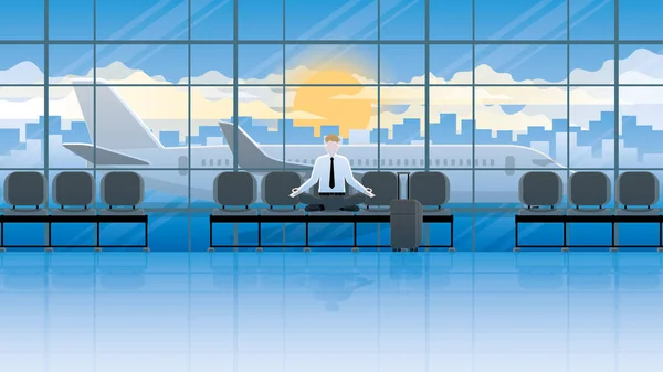 stock vector Peace of mind concept. Meditation office people sitting cross-legged on a seat at international airport. Relieve stress, mindfulness, knowing breath and relaxing time waiting for business trip flight.