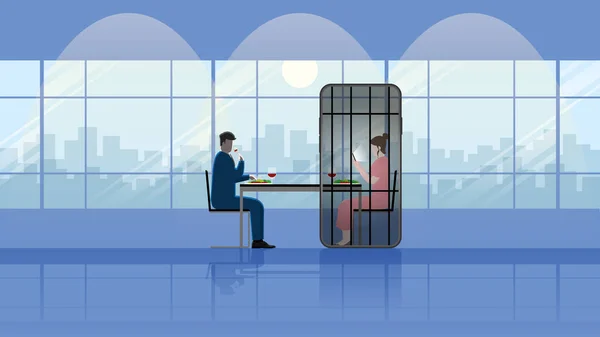 Stock vector Concept of relationship problem from smartphone addict. One of couple addict social network using application in mobile phone like a prisoner in jail. Romantic dinner dating together in a restaurant.