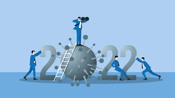 2021年のビジョンコンセプト ビジョンビジネスリーダーは双眼鏡を使ってビジネスチャンスを予測します 2021年の数とウイルスの上に Covid 19コロナウイルス — ストックベクタ